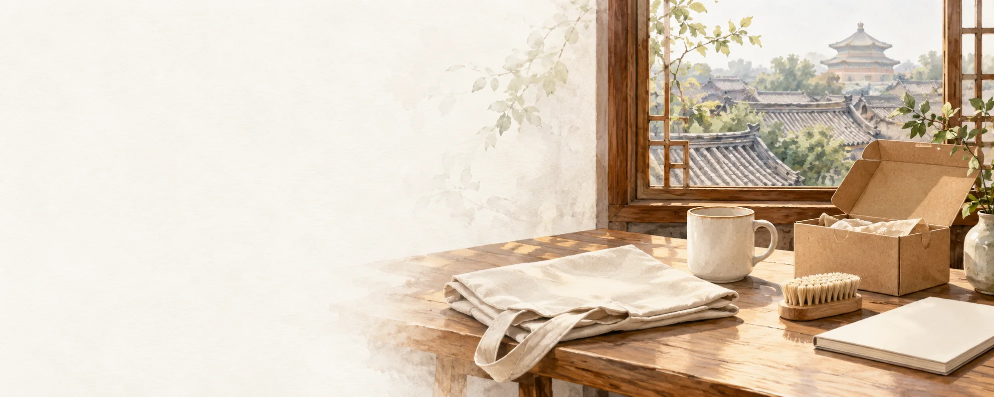 Illustration of product samples and simple packaging on a table beside a Beijing courtyard window