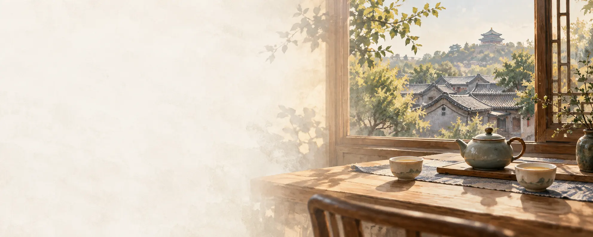 Illustration of tea cups beside a window overlooking Beijing rooftops