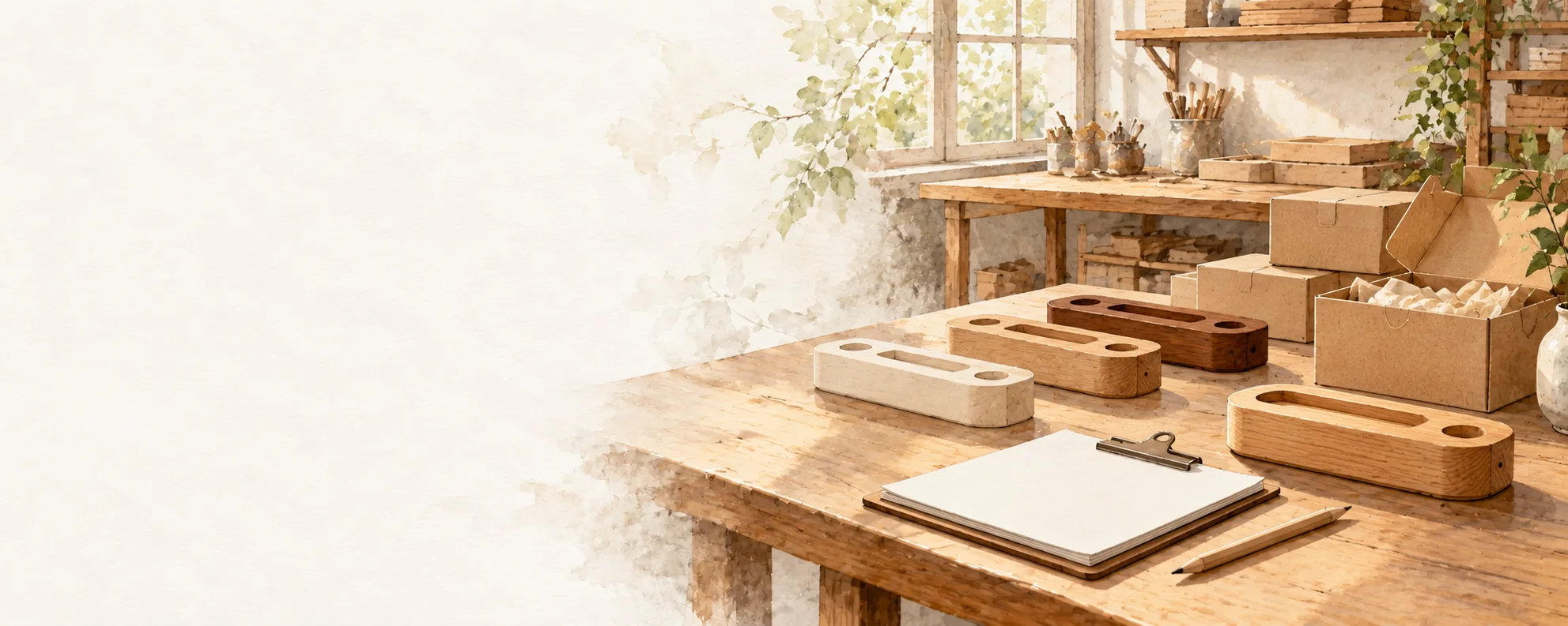 Illustration of products at different finishing stages, a clipboard and packing boxes in a warm workshop