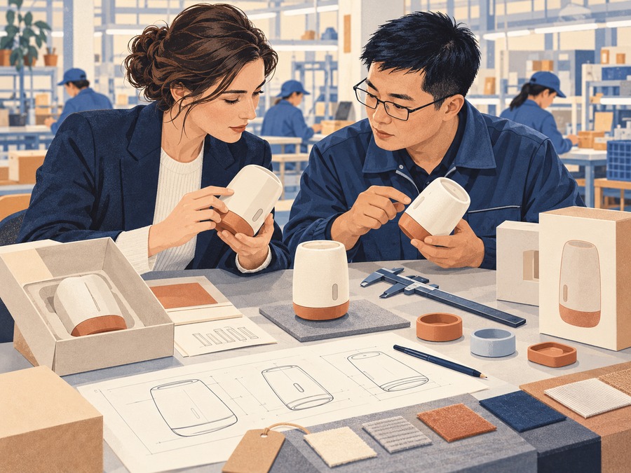 Illustration of a buyer representative and technician comparing product samples and packaging in China.