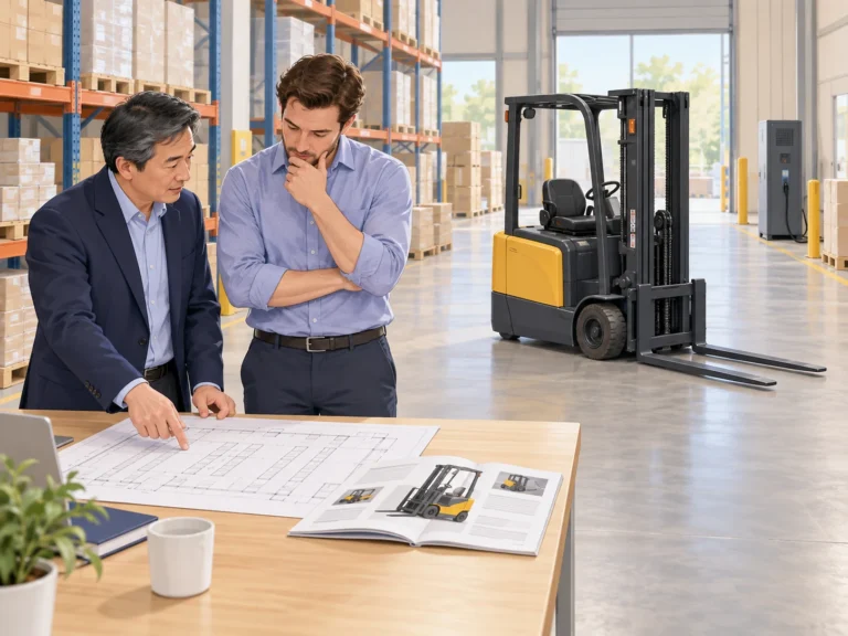 Concept illustration of a buyer and adviser reviewing a warehouse layout beside a parked compact electric lift truck