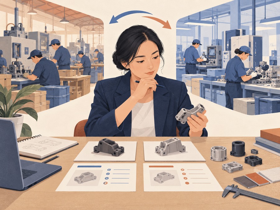 Illustration of a buyer representative comparing current and alternative manufacturing options.