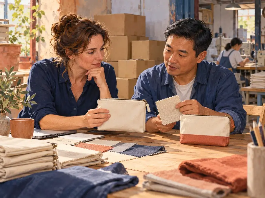 Buyer and China sourcing adviser comparing canvas pouch samples and fabric choices in a workshop.