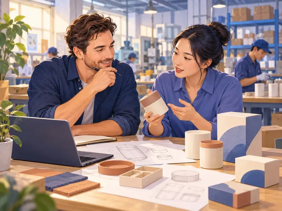 Overseas buyer discussing product samples and packaging with a sourcing adviser in China.