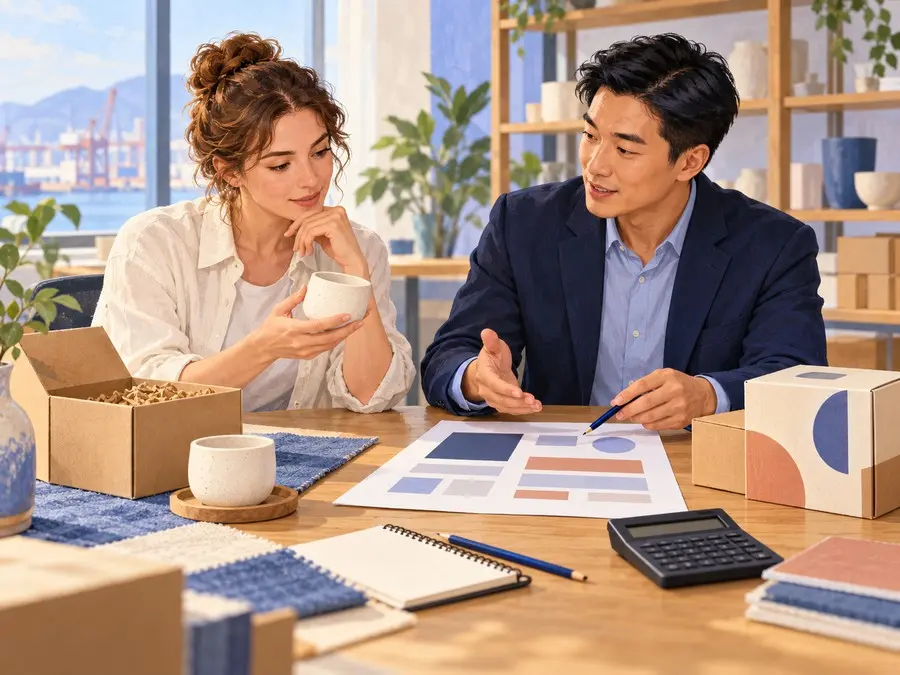 Buyer and China sourcing adviser discussing a service proposal, product sample, and packaging costs at a desk.