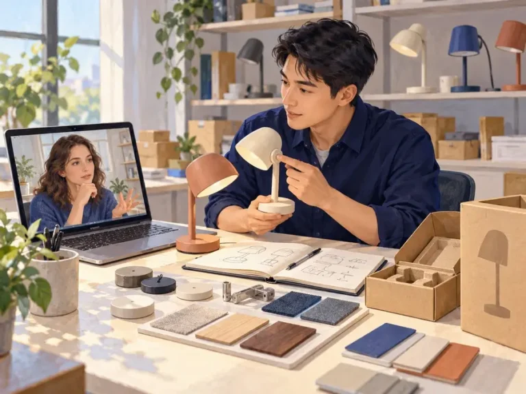 China sourcing adviser comparing desk lamp samples and packaging while discussing details with an overseas buyer by video call.