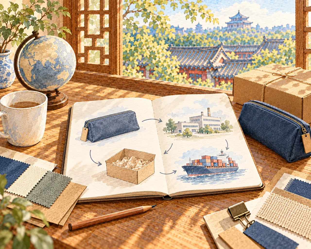 Watercolor illustration of a sourcing notebook, product samples, parcel and globe beside a Beijing courtyard window