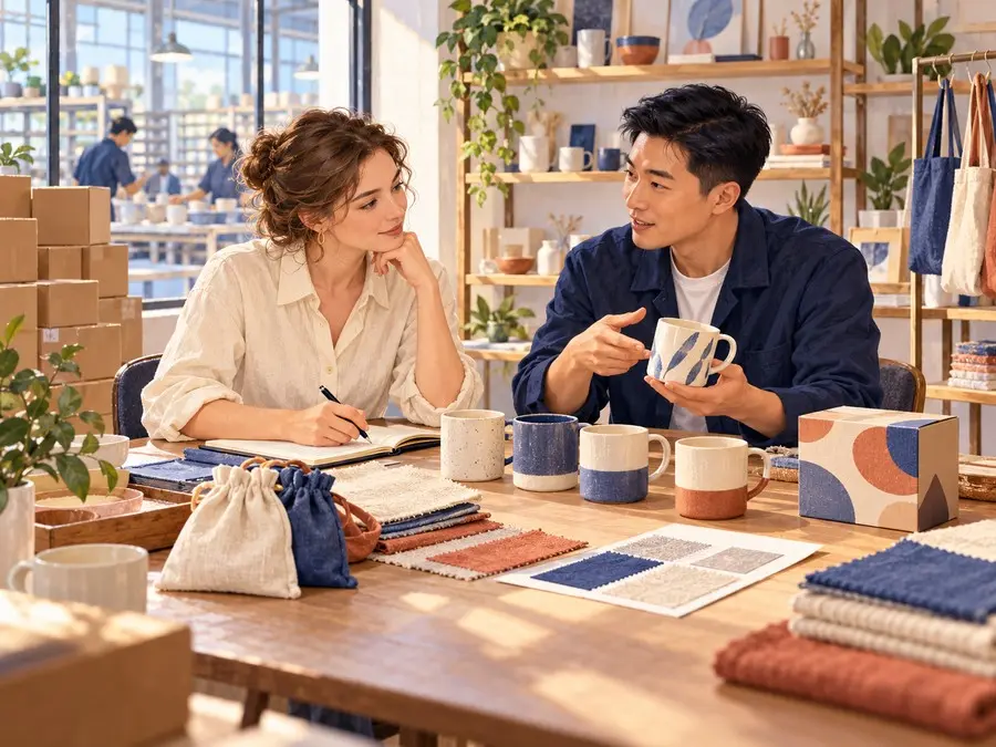 Small business owner and sourcing adviser discussing product samples, packaging, and plans for a first sourcing order.