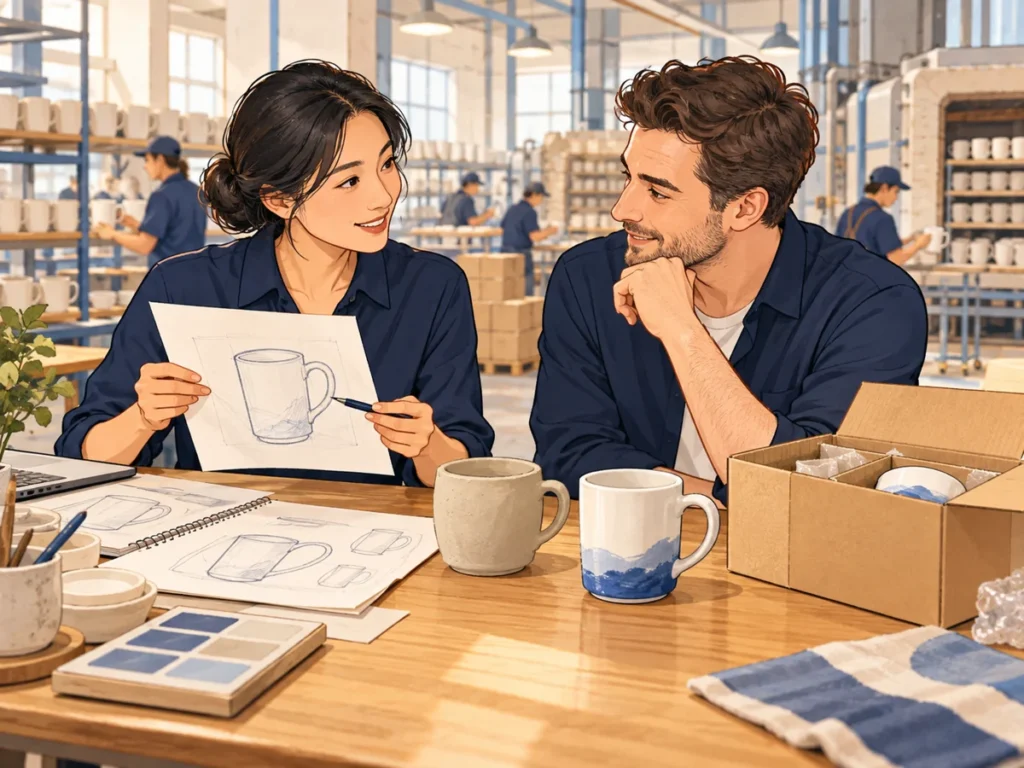 Illustration of a sourcing adviser and small business owner reviewing a product sketch, prototype, finished sample and packed carton