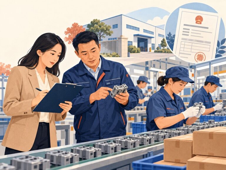 Illustration of a sourcing representative and factory supervisor checking an operating production line in China.