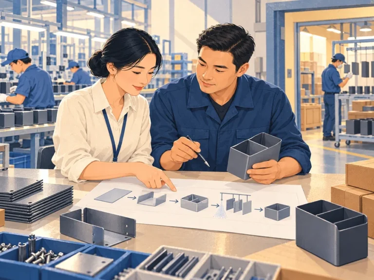 Illustration of a sourcing representative and factory manager tracing a product through in-house assembly and an outsourced finishing workshop.