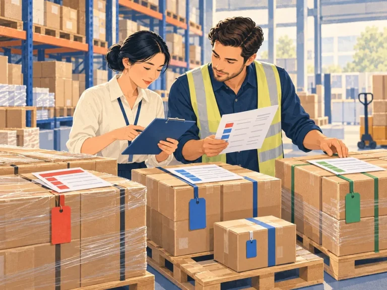 Illustration of a sourcing representative and warehouse coordinator checking distinctly labelled cartons arriving from several suppliers.
