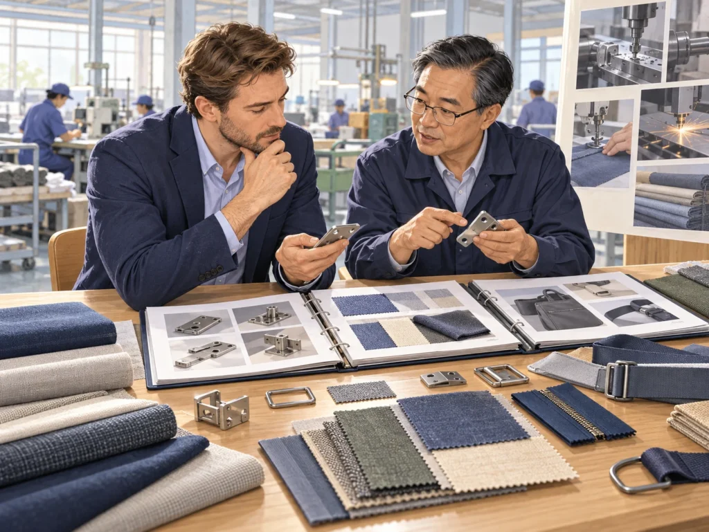 Concept illustration of a buyer and adviser comparing manufacturing samples, process photographs and supplier folders