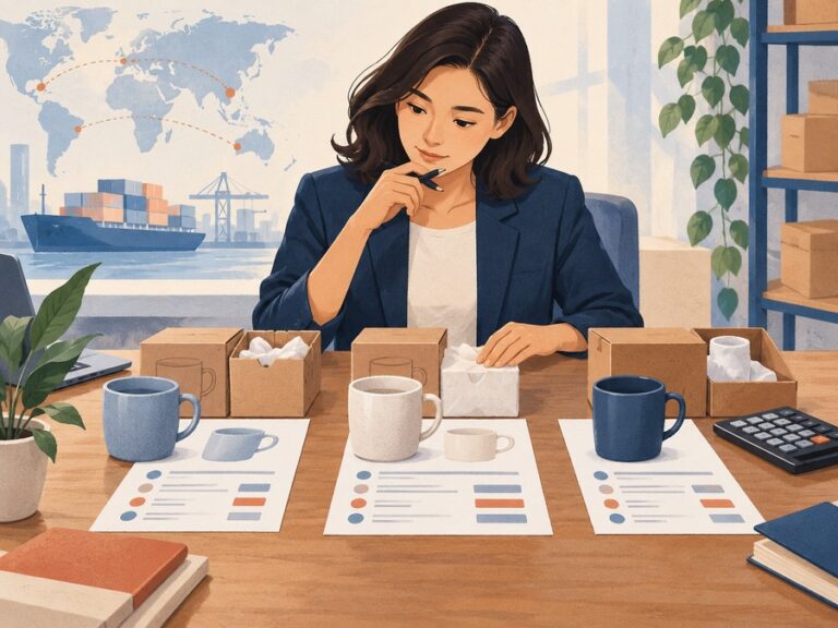 Illustration of a buyer representative comparing supplier quotations and product samples.