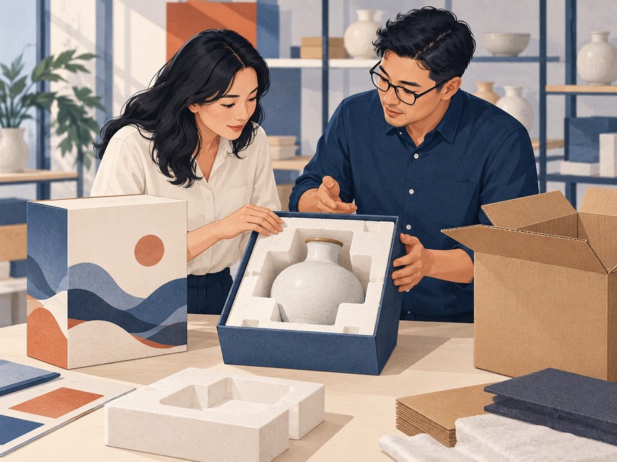 Illustration of a buyer representative and specialist reviewing product packaging and protective inserts.