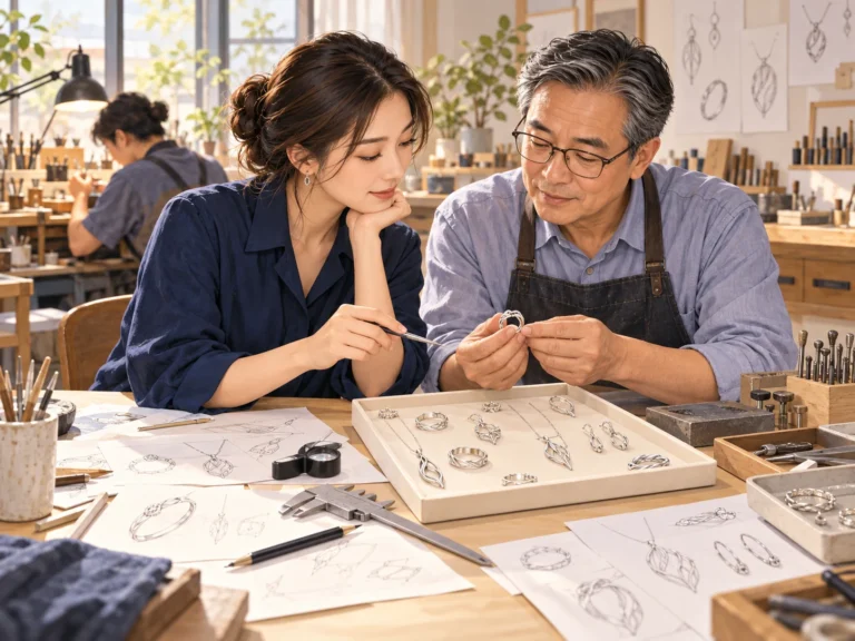 Concept illustration of a jewelry designer and adviser reviewing silver jewelry samples and design sketches
