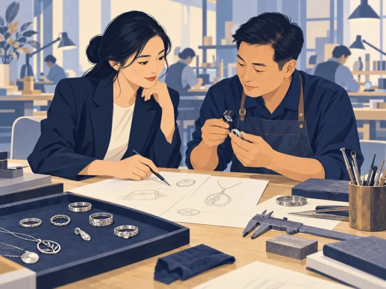Concept illustration of a sourcing adviser and a jewelry craftsperson discussing silver jewelry designs and samples