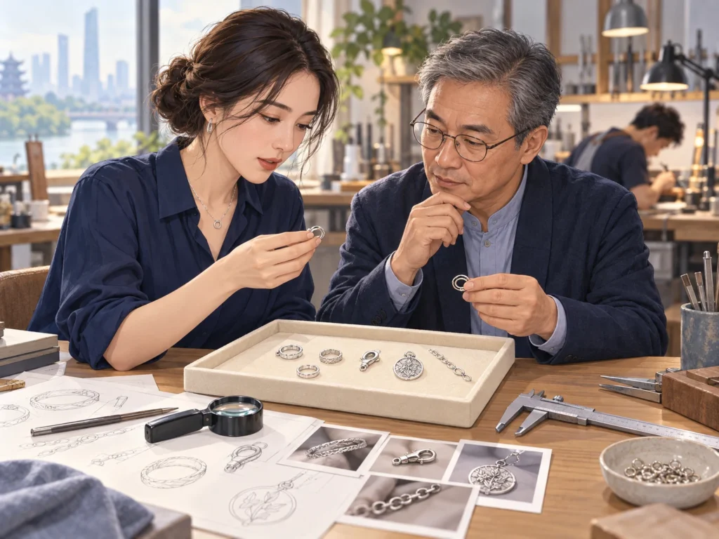 Concept illustration of a designer and adviser examining silver jewelry samples beside sketches and measuring tools
