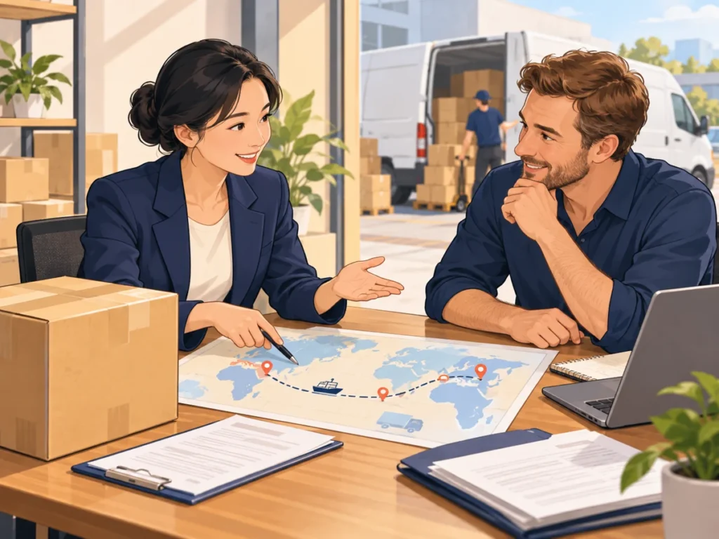 Illustration of an adviser discussing a destination delivery arrangement with a small business owner