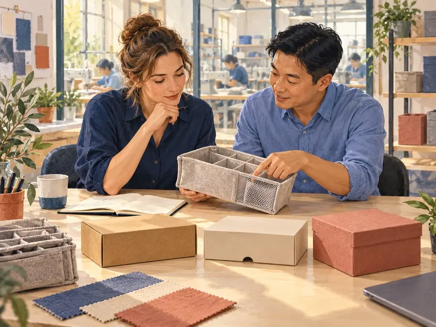 Small-business buyer and China sourcing adviser reviewing a fabric organizer sample and packaging options.