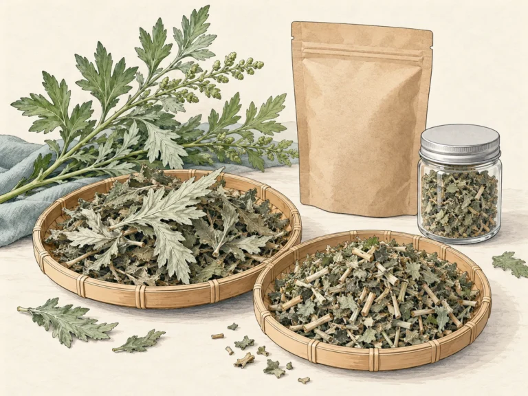 Concept illustration comparing whole dried mugwort leaves with cut herb, a sample jar and a plain sealed pouch
