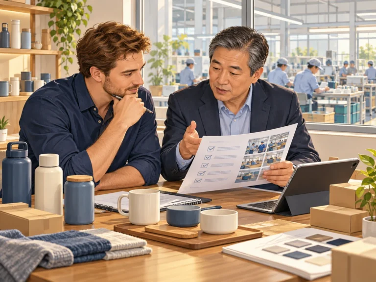 Concept illustration of a buyer and sourcing adviser reviewing supplier information and product requirements