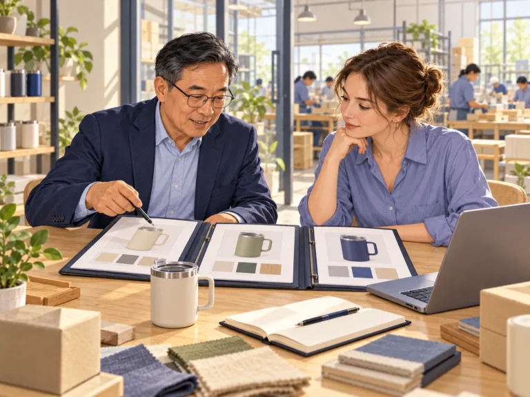 Concept illustration of a buyer and sourcing adviser reviewing supplier information and product requirements