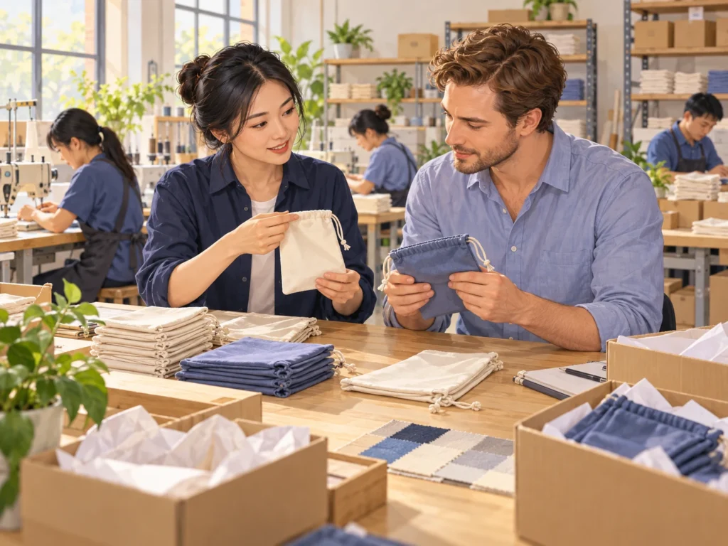 Concept illustration of a buyer and sourcing adviser reviewing supplier information and product requirements