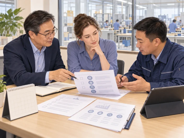 Concept illustration of a buyer, sourcing adviser and factory representative agreeing an audit scope
