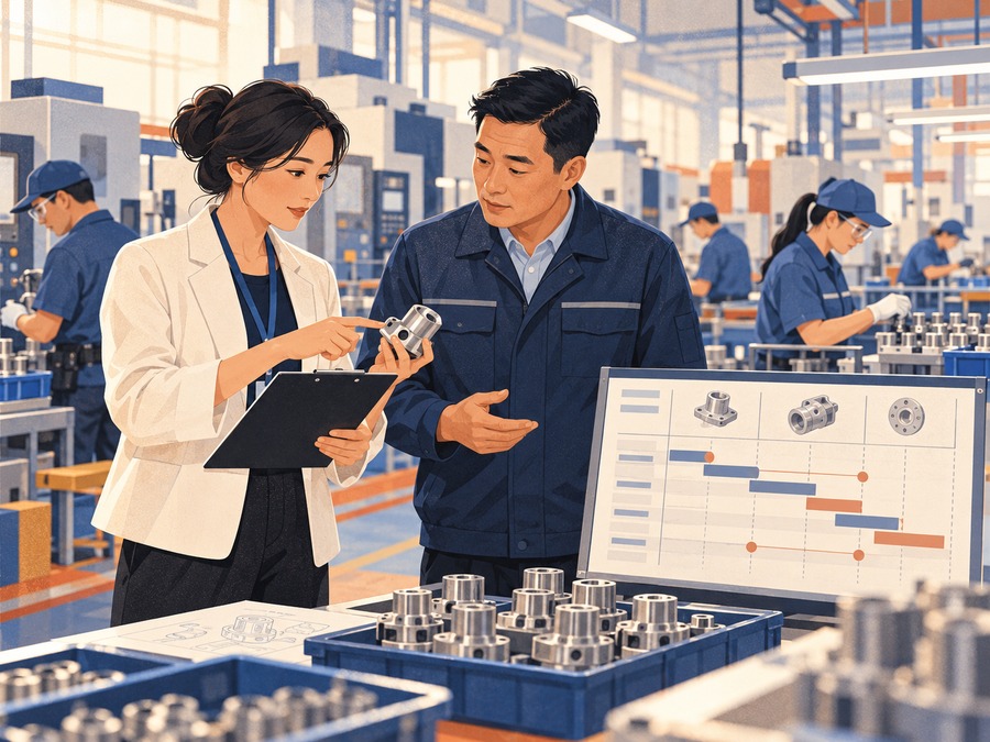 Illustration of a buyer-appointed representative discussing a component and production schedule with a factory manager in China.