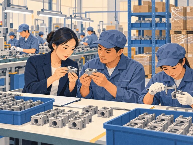 Illustration of a sourcing representative and supervisor examining finished components beside a factory production line.