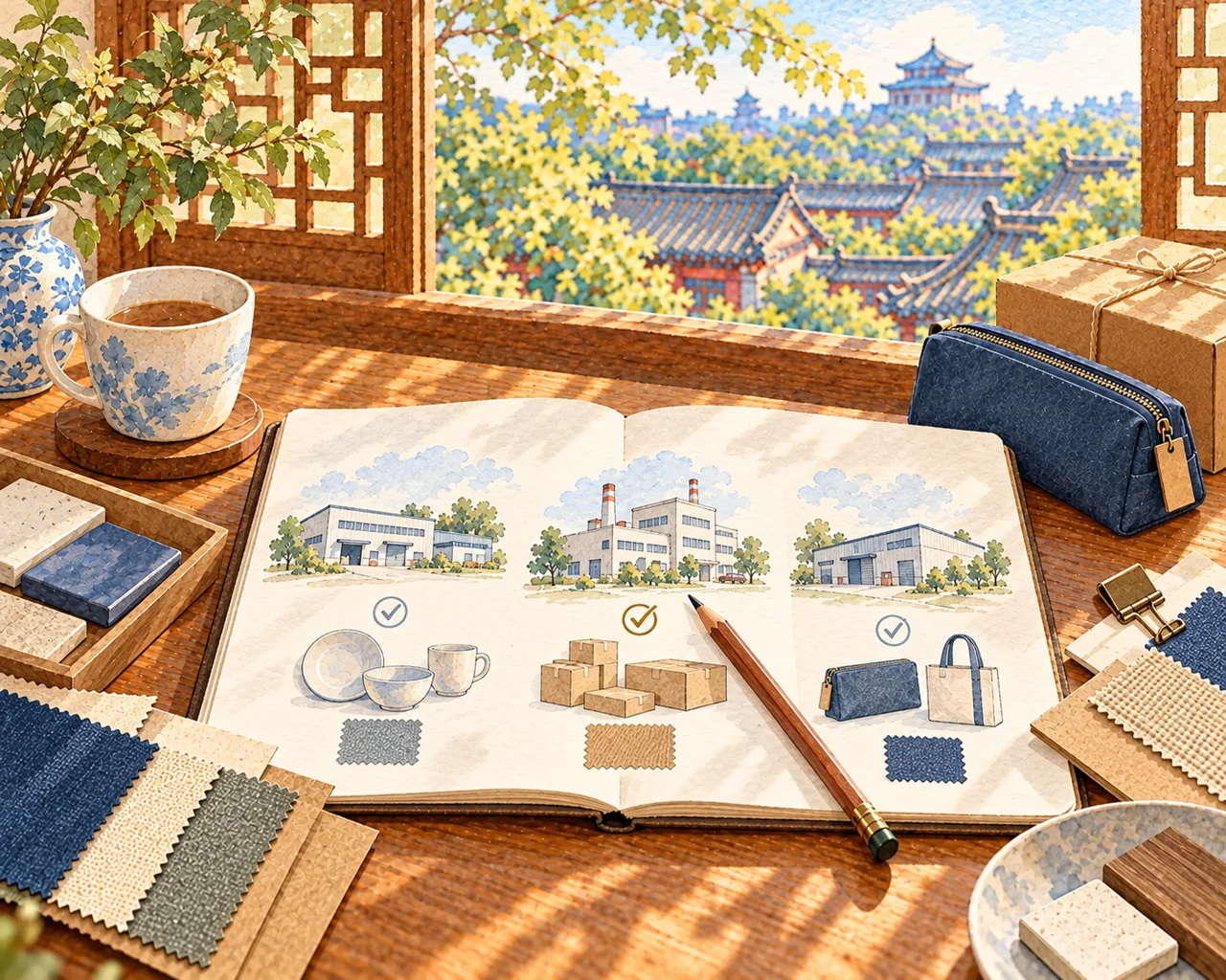 Watercolor illustration of product samples and three factory options being compared at a Beijing courtyard desk