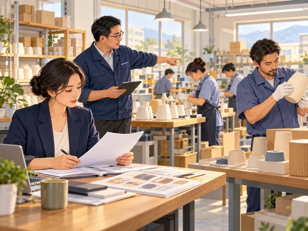 Concept illustration of company document checking, workshop review and product inspection in a manufacturing setting