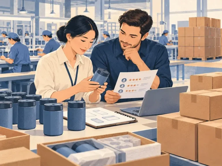 Illustration of a buyer representative and factory manager reviewing a first batch before repeat production.