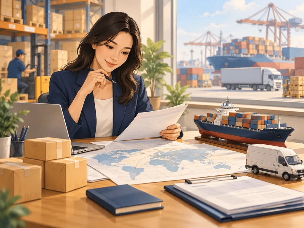 Illustration of an adviser planning international shipping with cartons, a cargo ship model and a delivery van