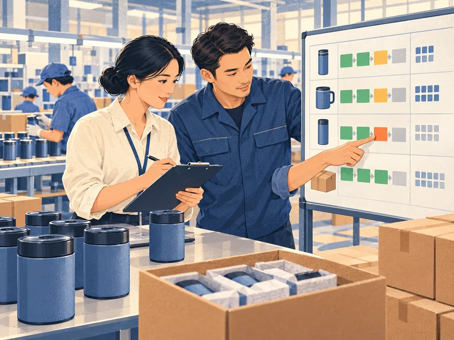 Illustration of a sourcing representative and production supervisor reviewing an order progress board beside a working assembly line.