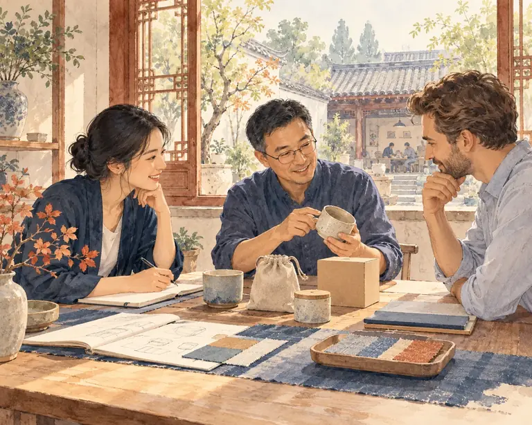 Illustration of people discussing product samples and sourcing in a Beijing courtyard office