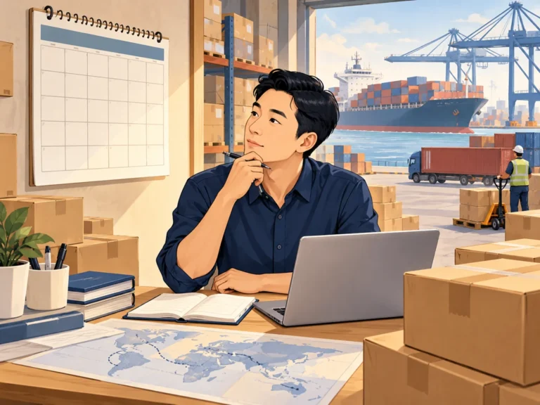 Illustration of a sourcing adviser reviewing a shipment schedule beside waiting cartons and a calendar