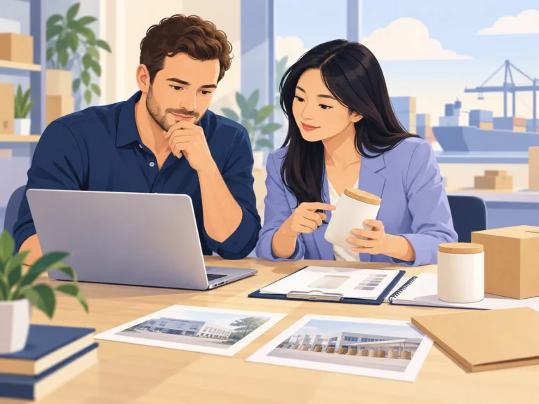 Concept illustration of a buyer and adviser checking supplier information before committing an order