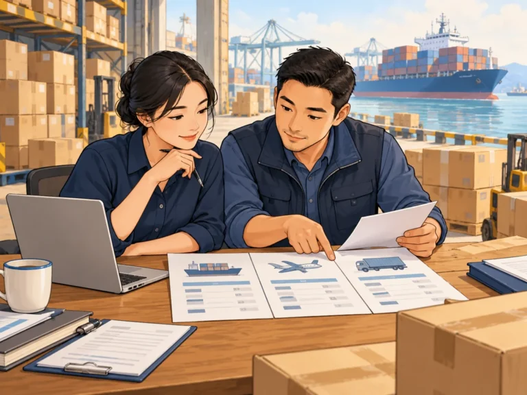 Illustration of a sourcing adviser and logistics specialist comparing freight proposals beside warehouse cartons