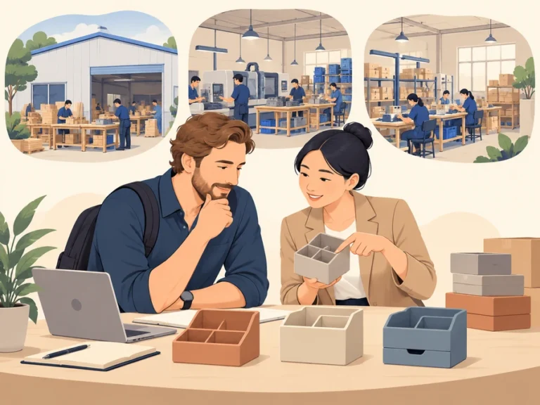Illustration of a buyer and adviser comparing factories for a small production order