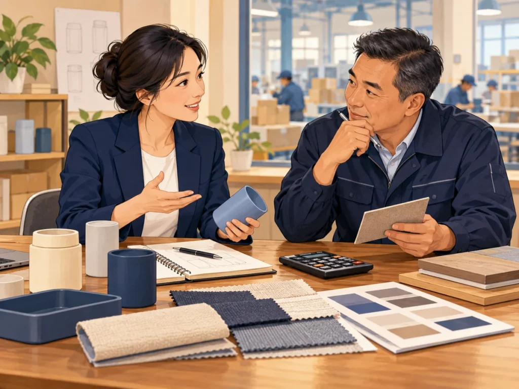 Illustration of a sourcing adviser discussing product cost and specifications with a factory manager