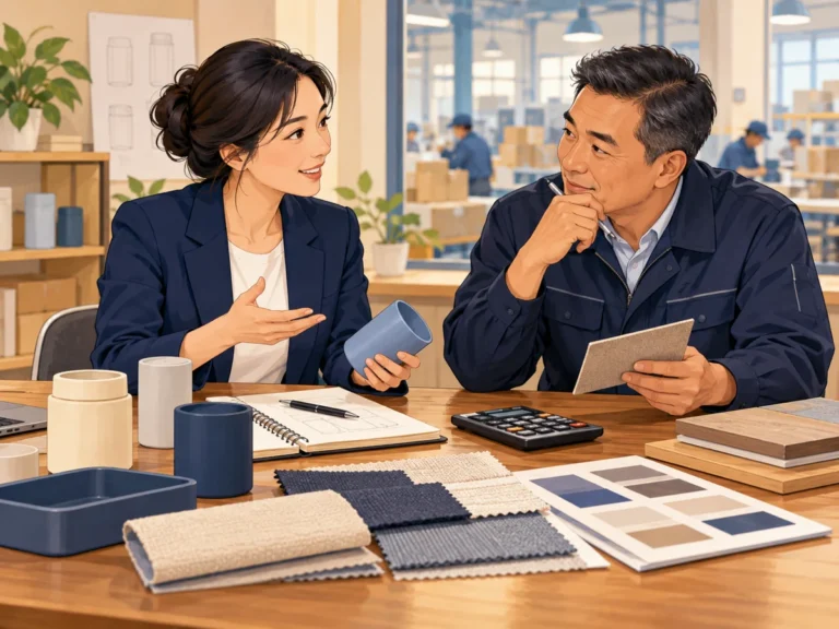Illustration of a sourcing adviser discussing product cost and specifications with a factory manager