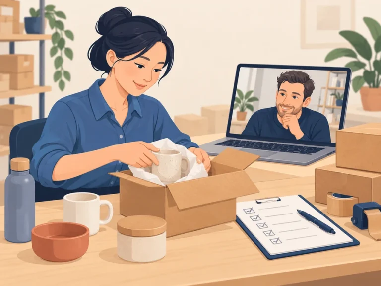 Illustration of an adviser checking product samples and preparing a courier parcel