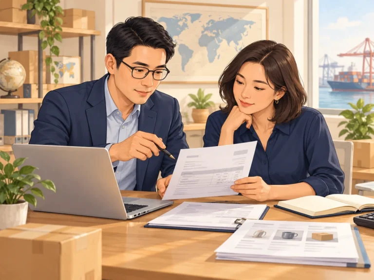 Illustration of an adviser reviewing supplier identity and an invoice with a small business owner before payment