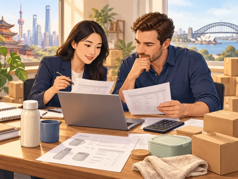 Illustration of an adviser and small business owner comparing supplier quotations beside product samples