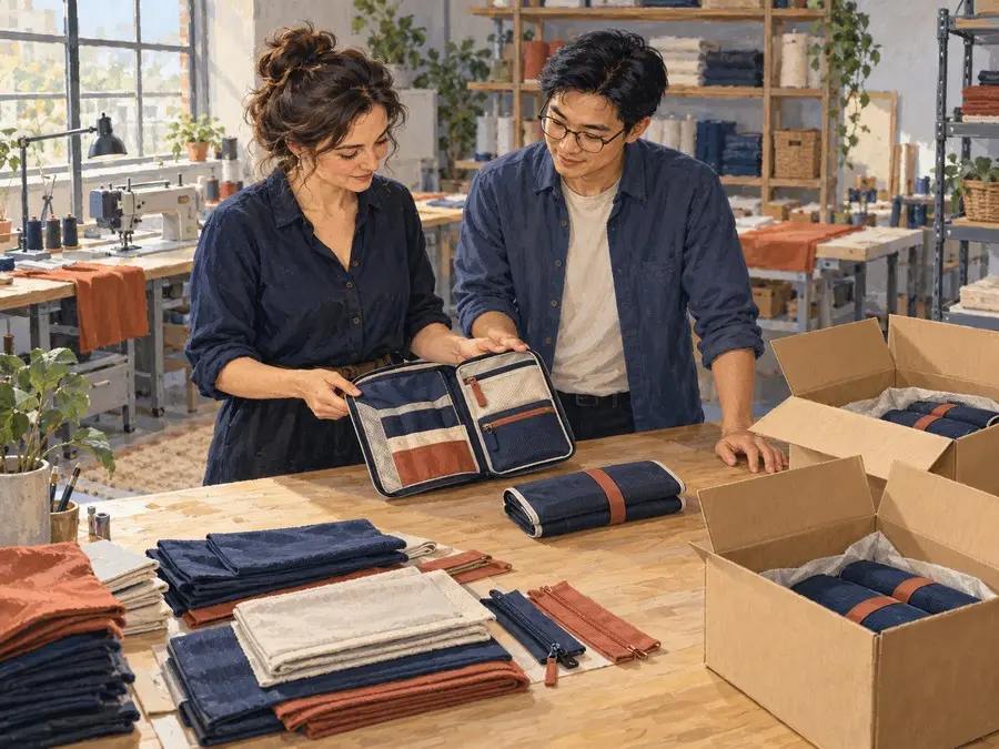 Small-business buyer and China sourcing coordinator reviewing travel organizers and packaging in a workshop.