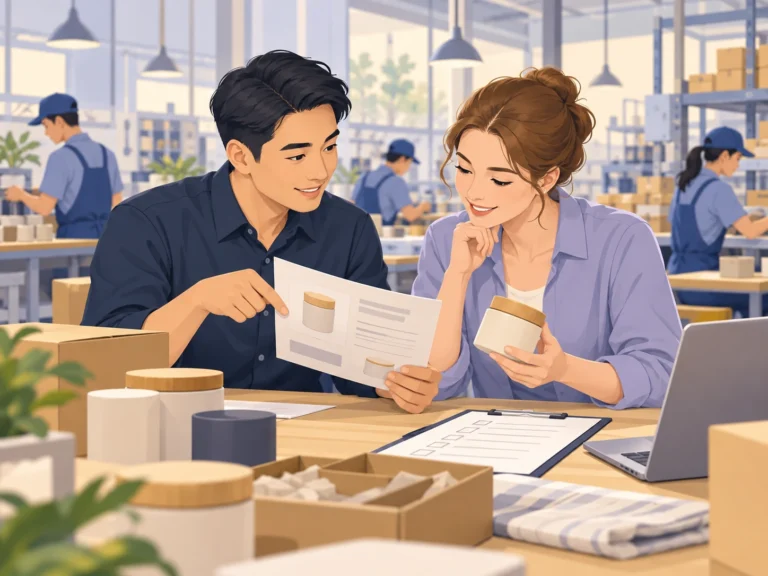 Concept illustration of an adviser reviewing supplier documents and a product sample with a buyer