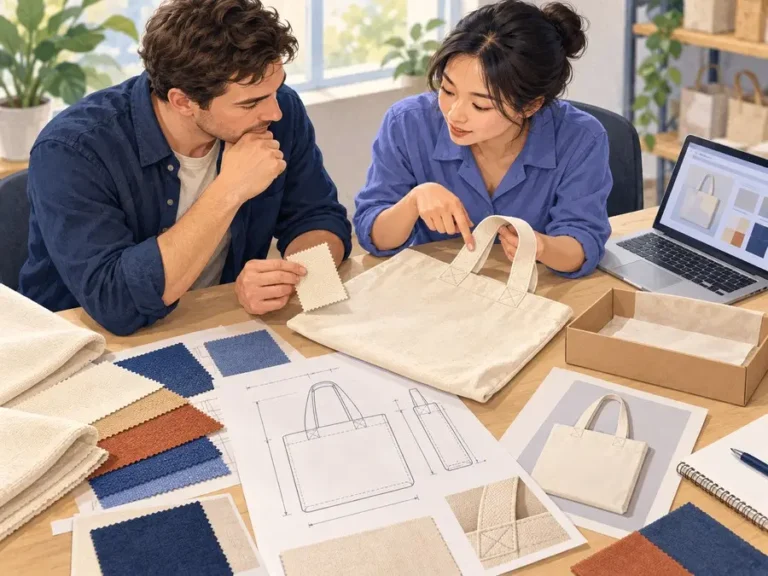 Buyer and sourcing adviser reviewing a canvas tote bag, material swatches, and drawings for a manufacturer enquiry.