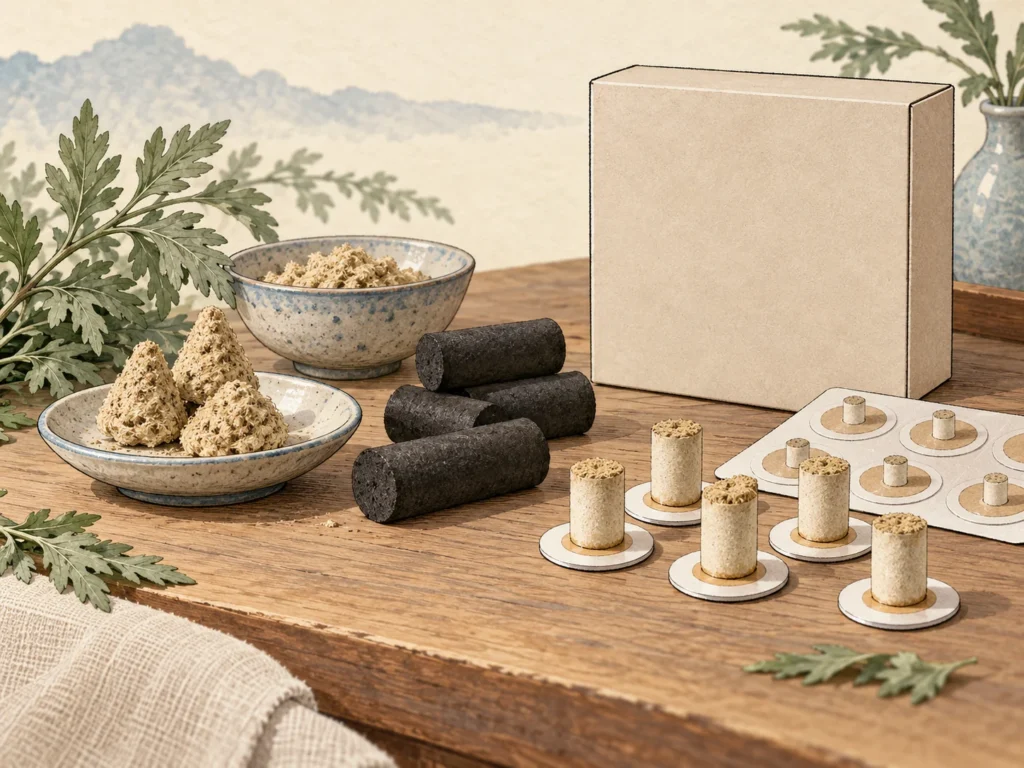 Concept illustration of unlit fibrous moxa cones, carbonized cylinders and mini units on bases